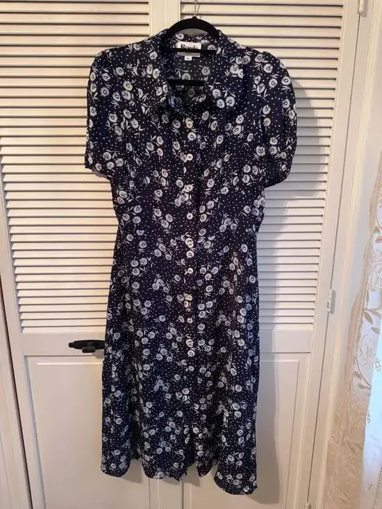 Rouje Paris Gabinette Navy Blue Floral Dandelion Button Front Midi Dress Size 42 - Picture 1 of 4